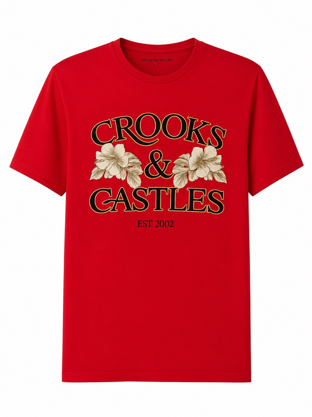 Crooks & Castles Red Tee with Gold Floral Logo